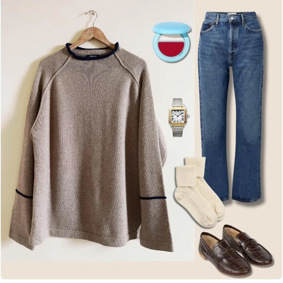 Vintage Rollneck Lambswool Blend Mens Sweater in Oat Navy XL - Picture 2 of 4